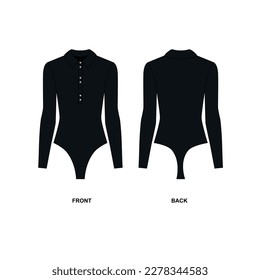 Vector drawing of a bodysuit with a collar, buttons on the front and long sleeves. Woman blouse bodysuit template, front and back view. Sketch of women's polo with long sleeves in black, vector.