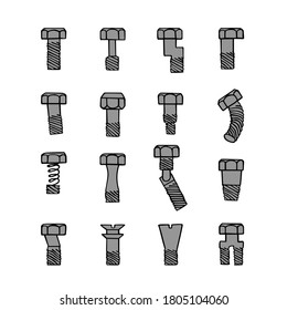 Vector drawing of bolts of different types on a white background