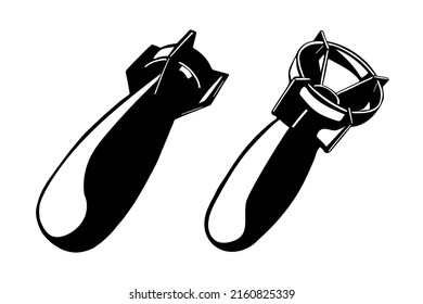 Dibujo vectorial de una bomba en un fondo blanco. Caída de la bomba atómica. Un conjunto de bombas en diferentes ángulos.