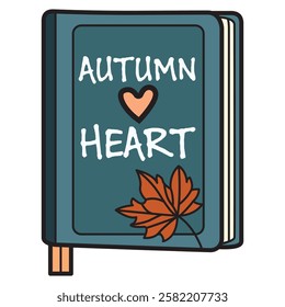 A vector drawing of a book titled Autumn Heart, with a maple leaf illustration on its cover. 