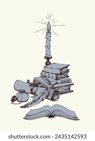Vector drawing. Books and a candle in a candlestick