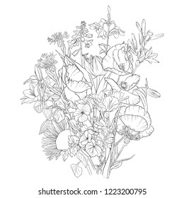 vector drawing bouquet of flowers, floral composition, hand drawn illustration