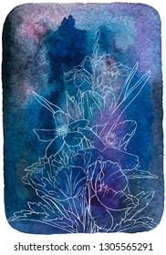 vector drawing bouquet of flowers, floral composition at dark blue watercolor background, hand drawn illustration