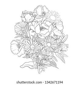 vector drawing bouquet of flowers, floral composition, hand drawn illustration