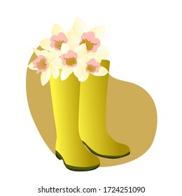 Vector drawing of a bouquet of flowers in handmade rubber boots on a white isolated background. Boot, daffodils flat, cartoon. Registration of cards, menus, banners, printing on fabric, covers