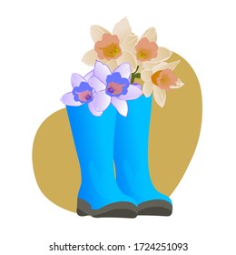 Vector drawing of a bouquet of flowers in handmade rubber boots on a white isolated background. Boot, daffodils flat, cartoon. Registration of cards, menus, banners, printing on fabric, covers