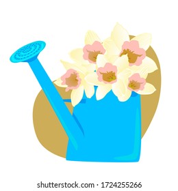Dibujo vectorial de un ramo de flores en una lata de agua de verano hecha a mano sobre un fondo blanco aislado. La lata de agua, los tontos llenos, la caricatura. Registro de tarjetas, menús, banners, impresión