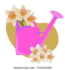 Dibujo vectorial de un ramo de flores en una lata de agua de verano hecha a mano sobre un fondo blanco aislado. La lata de agua, los tontos llenos, la caricatura. Registro de tarjetas, menús, banners, impresión