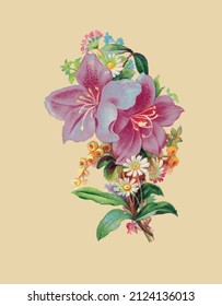 Dibujo vectorial de un ramo de lirios rosados de estilo vintage 