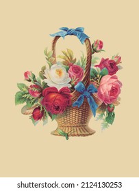 Vector drawing of a bouquet of pink and white roses in a basket in vintage style 