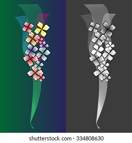 Vector drawing. A bouquet from red, yellow, blue abstract florets against the stylized openwork tapes. Dark background. And similar monochrome vector drawing in gray tones.