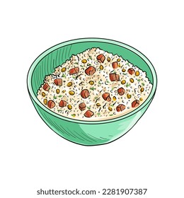 vector drawing bowl and rice   vegetables  plate asian food isolated at white background  hand drawn illustration