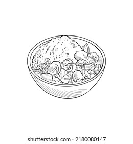 vector drawing bowl and rice beef   vegetables  plate asian food isolated at white background  hand drawn illustration