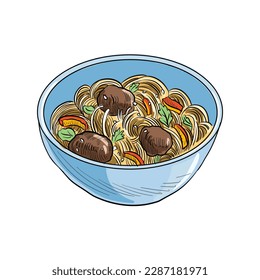 vector drawing bowl with soba,vegetables and beef, plate of asian food isolated at white background, hand drawn illustration