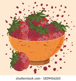 Vector drawing of a bowl with strawberries on a yellow background in a flat style. Summer delicacy, sweetness, vitamins. Delicious strawberries in a plate.