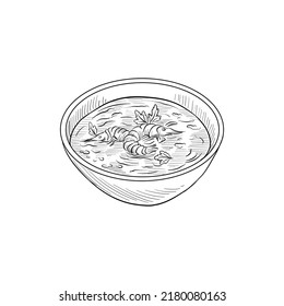 tazón de dibujo vectorial con sopa de yum tom y camarón, plato de comida asiática aislado en fondo blanco, ilustración dibujada a mano