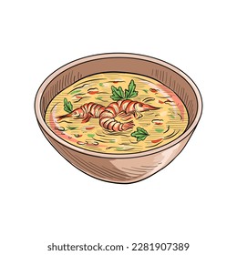 vector drawing bowl with tom yum soup and shrimp, plate of asian food isolated at white background, hand drawn illustration