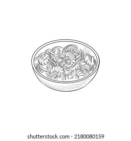 tazón de dibujo vectorial con udon noodes y gambas, plato de comida asiática aislado en fondo blanco, ilustración dibujada a mano