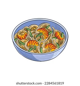 tazón de dibujo vectorial con udon noodes y gambas, plato de comida asiática aislado en fondo blanco, ilustración dibujada a mano