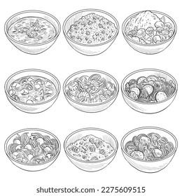 tazones de dibujo vectorial con comida asiática aislada en fondo blanco, platos con arroz, verduras, fideos y sopas, ilustración dibujada a mano