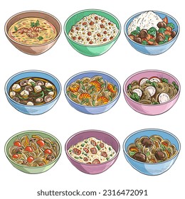 vector drawing bowls with rice, noodles and soups, plates of asian food isolated at white background, hand drawn illustration