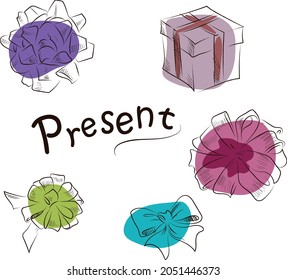Vector drawing of bows for gifts. A set of sketches of bows from ribbons. Freehand drawing with brushes vector. Outline drawing decoration of gifts