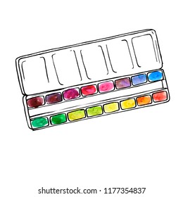 vector drawing box with watercolor, art palette with color paints, hand drawn illustration
