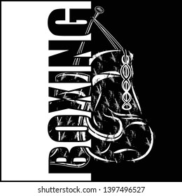 Vector drawing of a boxing glove. Boxer. Inscription - Boxing. Illustrations for t shirt print. Cool grunge print. Black tribal tattoo. Vectorr illustration.