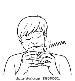 Vector Drawing Of A Boy Biting His Hands Into A Break Bread And Chewing With His Mouth Full. Black White, Hands, Bread, Food, Health, Taste, Lunch Break.