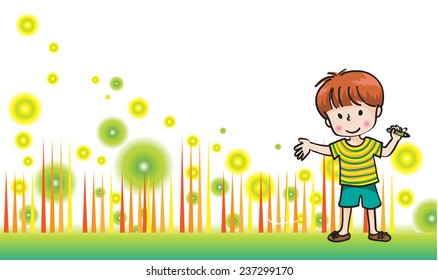 vector drawing boy with blank sign board
