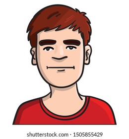 Vector drawing of a boy with brown hair and red t-shirt looking very bored and annoyed. emotions, comic, illustration.