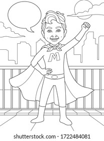 Dibujo vectorial de un niño vestido como super héroe posando frente a la ciudad y de noche