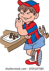 Vector drawing. Boy eats meatballs and has a sling in pocket pockets