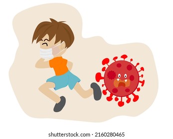 vector drawing, boy wearing a mask run away from the red virus, Covit19 concept.
