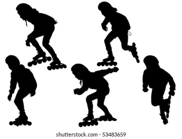 Vector drawing boys athletes on skates. Silhouette on white background