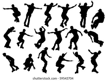 Vector drawing boys athletes on skates. Silhouette on white background