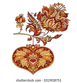 vector drawing of the branches of flowers with hearts in vintage style with ornaments in red and golden tones, a beautiful illustration for Valentine's Day