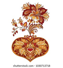 vector drawing of the branches of flowers with hearts in vintage style with ornaments in red and golden tones, a beautiful illustration for Valentine's Day