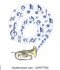 Vector drawing of brass musical trumpet. Musical notes from a trumpet.