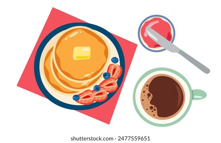 vector drawing breakfast, cup of coffee, and pancakes with berries, butter and gem, hand drawn illustration , flat isolate on white for food design. Enjoy the morning.
