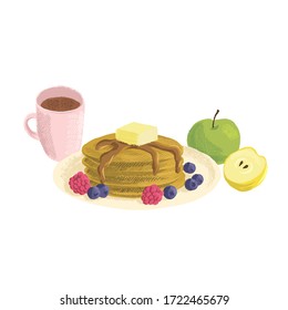 vector drawing breakfast, cup of coffeee, apples, and pancakes with berries, butter and syrup, hand drawn illustration