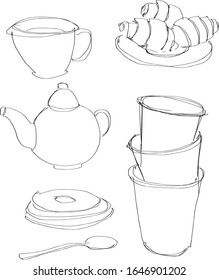 Vektorillustration von Frühstücksgerichten und Croissants. Lineare Skizze von Hand. Flache Illustration. Tolle Idee für eine Postkarte, Kalender, Ferieneinladung, Packpapier. Eignet sich für die Verzierung von Rezepten, f