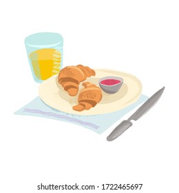 vector drawing breakfast, orange juice and croissants with jam, hand drawn illustration