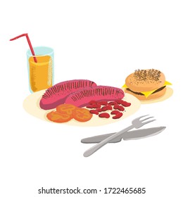vector drawing breakfast, orange juise, grilled sausages with tomatoes and beans and cheeseburger, hand drawn illustration