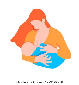 Vector drawing of breastfeeding on a white isolated background, flat style. Mother breastfeeding a baby. Illustration of a baby eating breast milk.