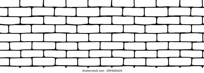 Vector drawing of a brick wall, banner, black and white background. Seamless pattern. 