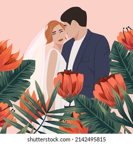 Vector drawing of the bride and groom in flowers. Wedding card, invitation. Pink floral background