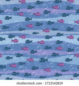 Vector drawing of bright fish on a dark background. Seamless pattern.