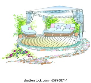Vector drawing with bright spots cozy corner, landscape design of a court yard, garden sofa from boxes, forged canopy with curtains, ivy, petunias, a wooden floor and a stone path in green and blue