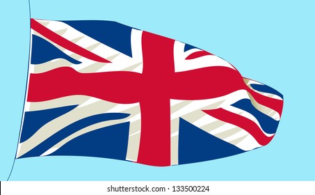 Vector drawing of a British flag against the background of the azure sky.